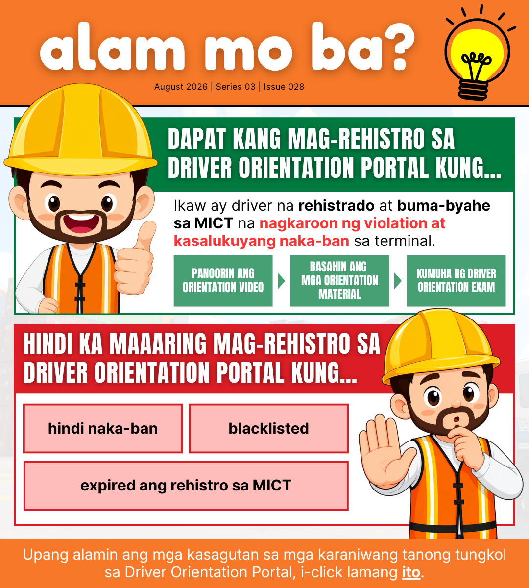Advisory #028: Alam Mo Ba? Dapat kang mag-rehistro sa Driver Orientation Portal kung...